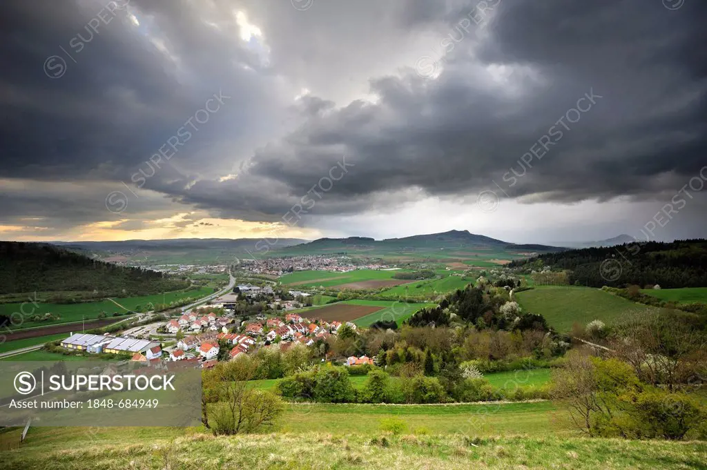 A storm brewing over the Hegau area, Landkreis Konstanz county, Baden-Wuerttemberg, Germany, Europe