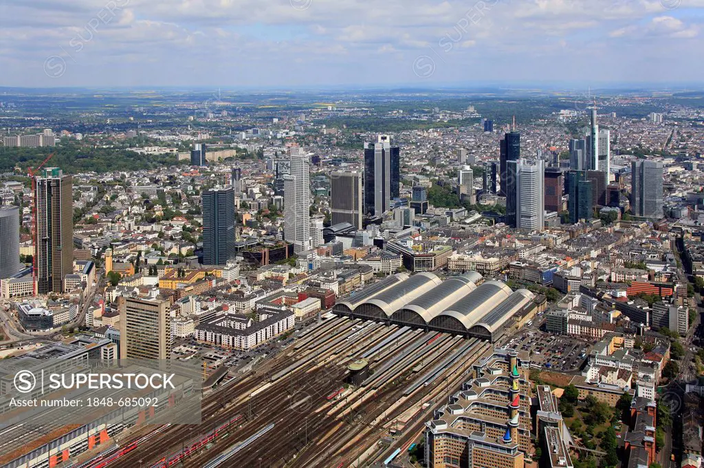 Aerial view, main station, central startion quarter, financial district, Frankfurt am Main, Hesse, Germany, Europe