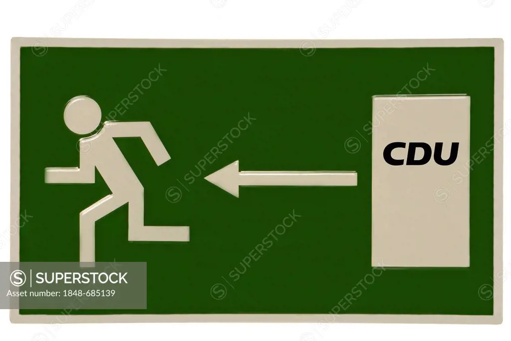 Emergency exit sign with CDU logo on the door, symbolic image for loss of membership in the CDU, Christian Democratic Union, a German political party