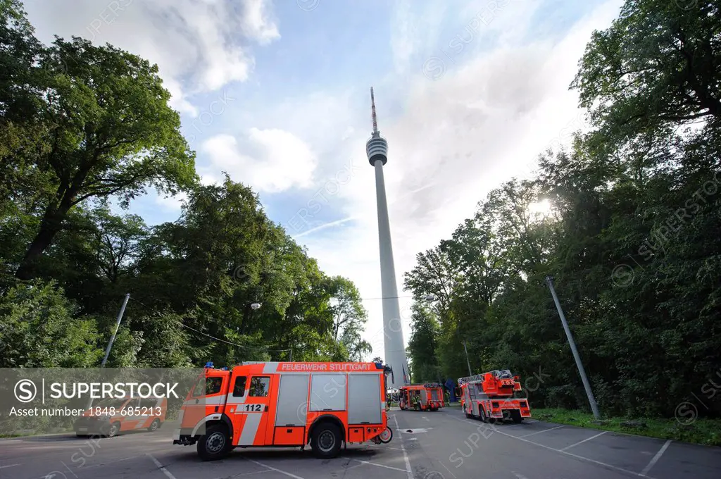 Vehicles of the fire department at the TV tower, Stuttgart, Baden-Wuerttemberg, Germany, Europe