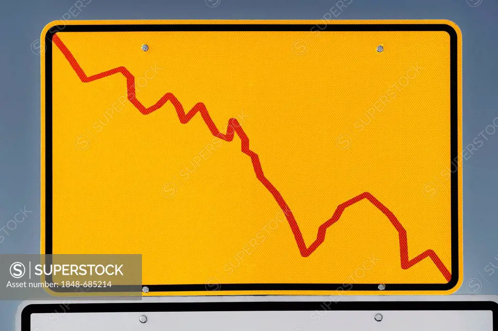 Place-name sign with declining stock chart, symbolic image