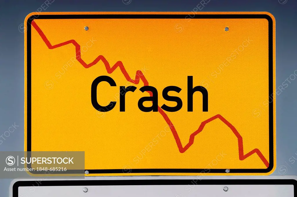 Place-name sign with declining stock chart, lettering Crash, stock market crash, symbolic image
