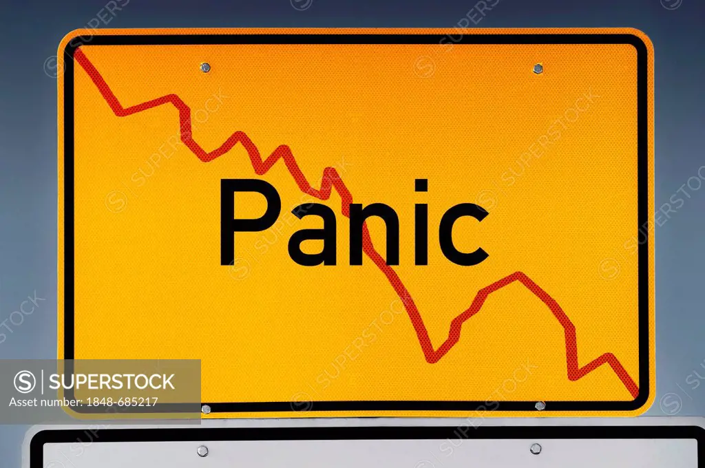 Place-name sign with declining stock chart, lettering Panic, stock market crash, symbolic image