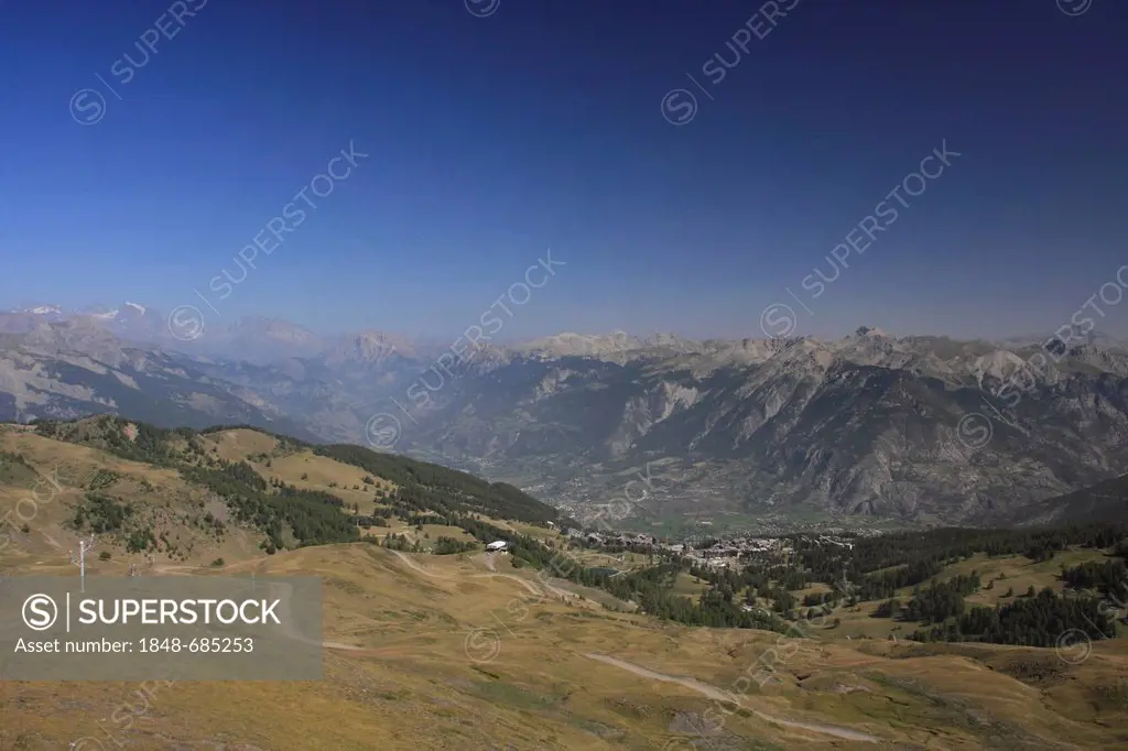 View of the Durance Valley and the Western Alps as seen from above Risoul, Hautes-Alpes department, France, Europe