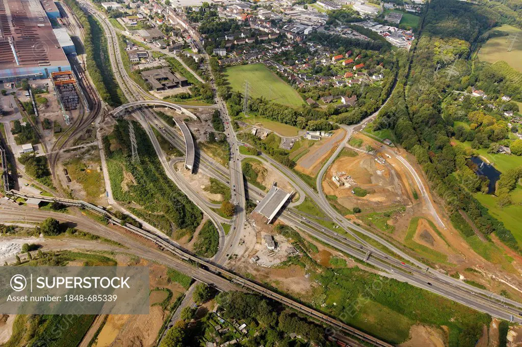Aerial view, Stahlhausen junction, A40 motorway, B1 highway, Ruhrschnellweg, Bochum, Ruhr Area, North Rhine-Westphalia, Germany, Europe