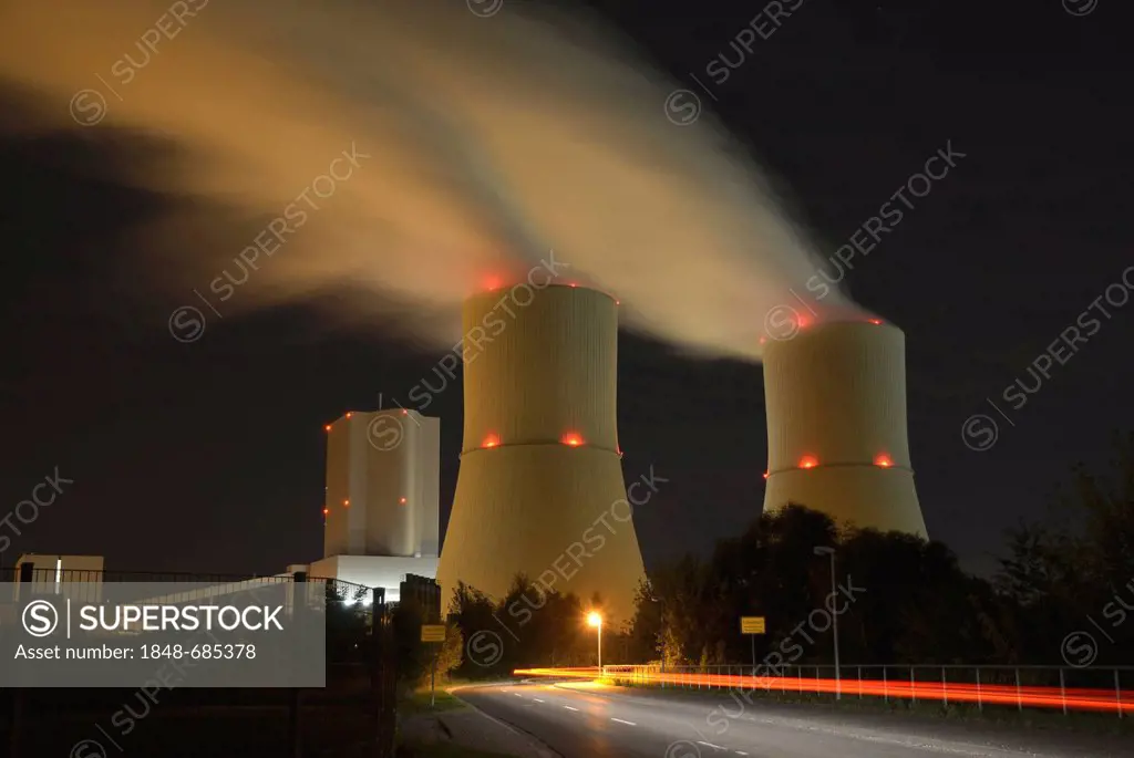 Lippendorf lignite-fired power plant at night, Saxony, Germany, Europe
