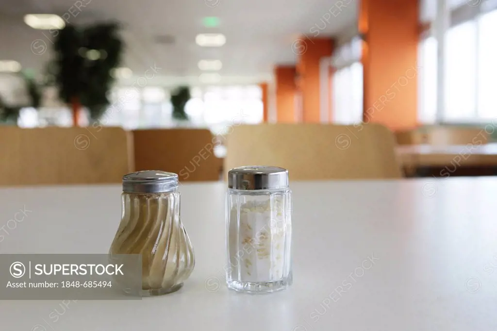 Salt and pepper shakers standing on a table in a canteen