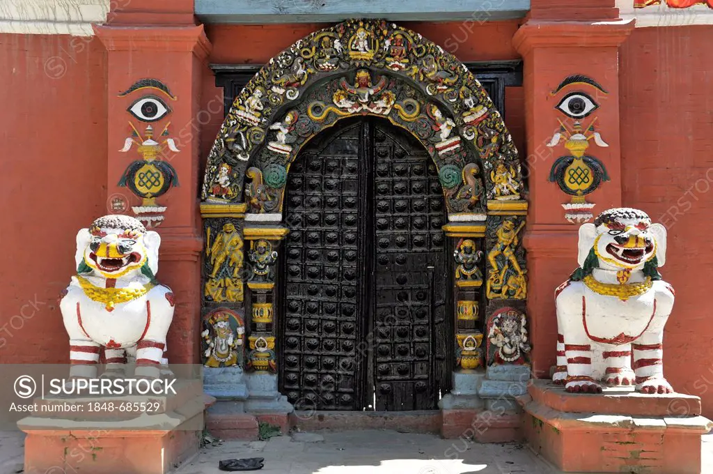 Lion statues at the entrance of the Shiva-Parvati Temple, Durbar Square, Kathmandu, Nepal, Asia