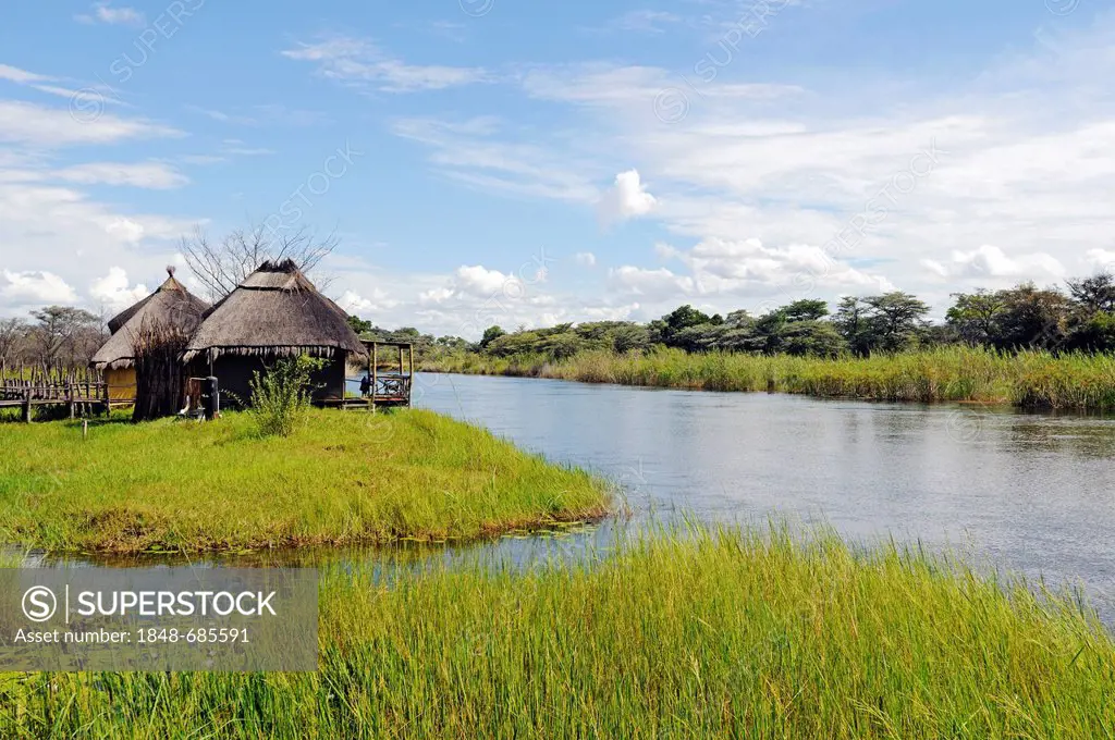 Chalets in Camp Kwando, lodge and campground on the Kwando River, Caprivi Strip or Okavango Strip, Namibia, Africa