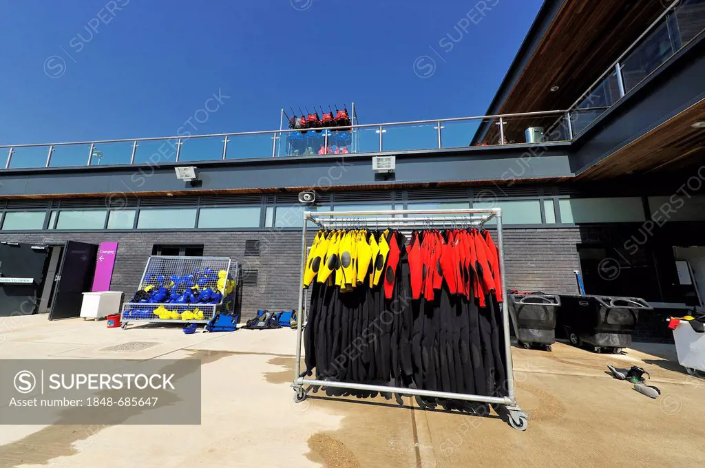 Waterproof suits for use at the 2012 Olympic White Water Centre on opening day, Lee Valley White Water Centre, Hertfordshire, England, United Kingdom,...