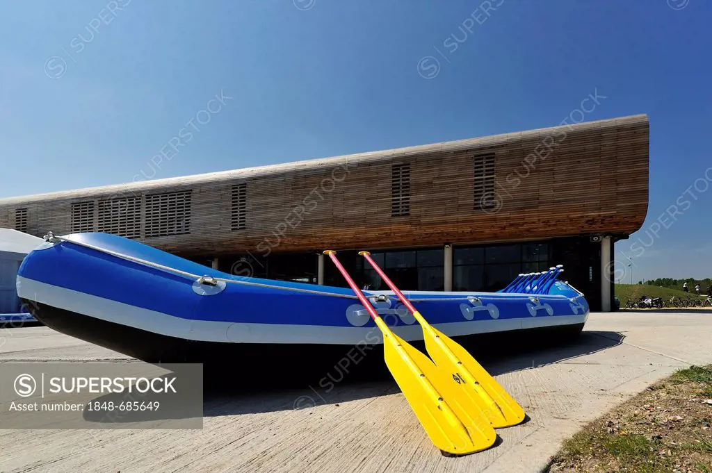 A raft at the 2012 Olympic White Water Centre on opening day, Lee Valley White Water Centre, Hertfordshire, England, United Kingdom, Europe