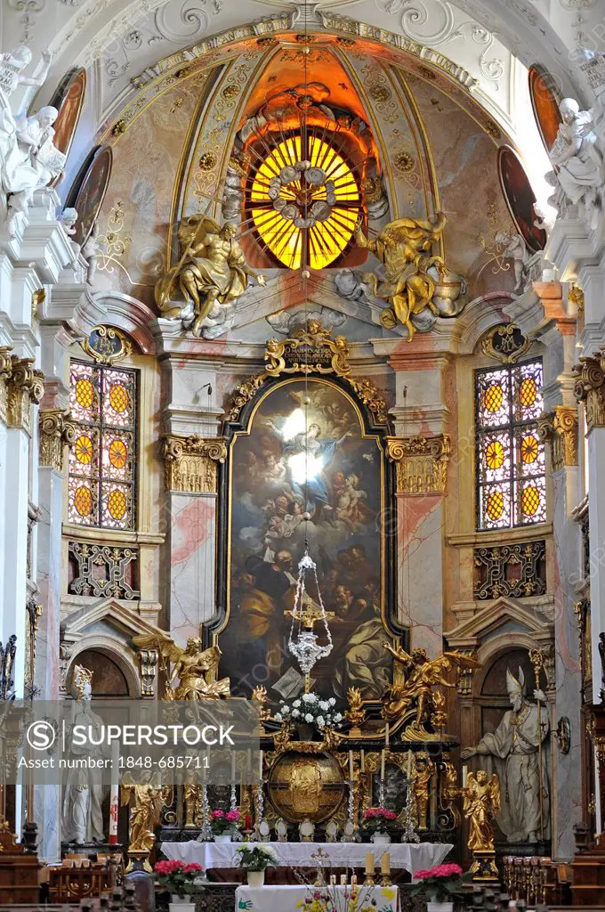 High altar with the high altar painting, choir, abbey church, Augustinian monastery, Duernstein Abbey, Wachau Cultural Landscape, a UNESCO World Herit...