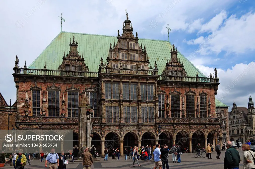 Old Town Hall, a Gothic Saalgeschossbau, a multi-storey construction built to contain a large hall, built from 1405 - 1410, with the Roland at the fro...