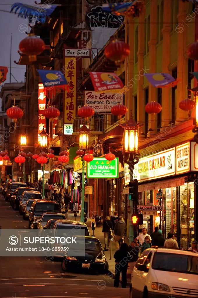 Street with lanterns in Chinatown at night, San Francisco, California, USA, PublicGround