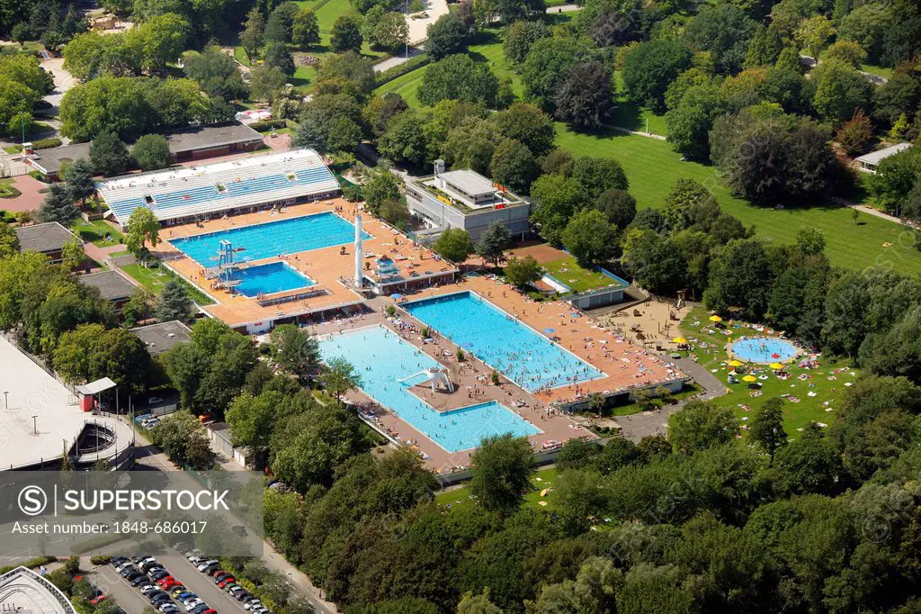 Aerial view, outdoor swimming pool, town pool, Grugabad Essen, Ruhr area, North Rhine-Westphalia, Germany, Europe