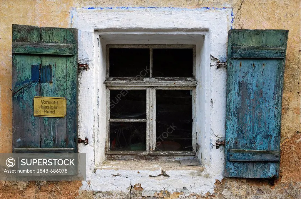 Window with shutters of the old Hackermuehle or Obermuehle, mill, 1547, Obertrubach, Upper Franconia, Bavaria, Germany, Europe
