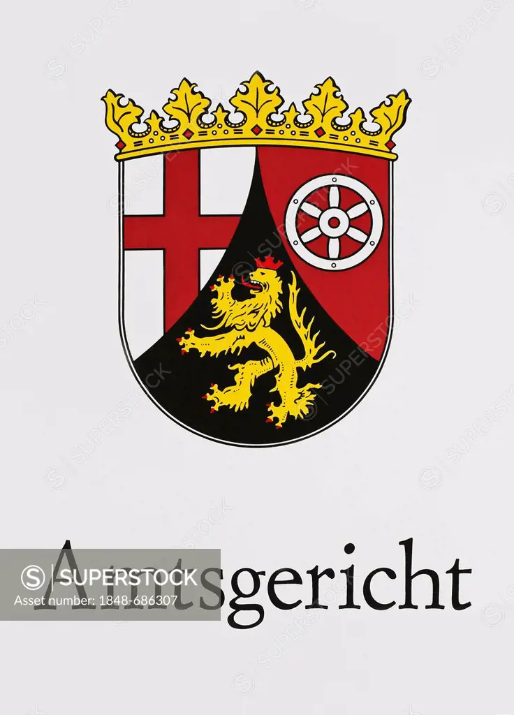 Sign, Amtsgericht, German for District Court with the coat of arms of Rhineland-Palatinate