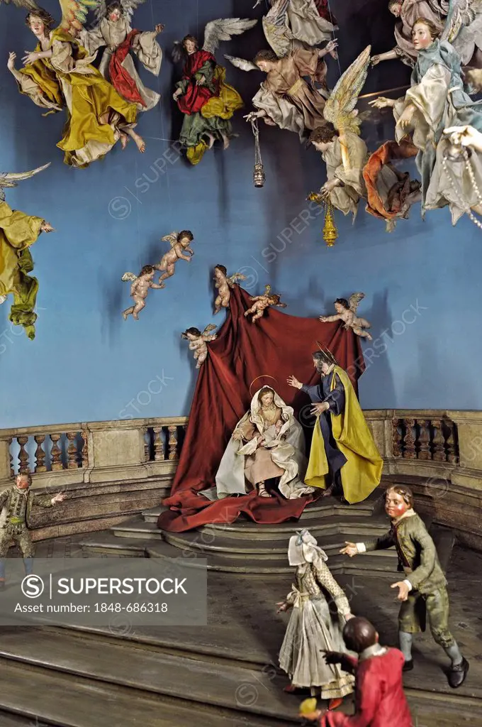Crib collection, angels worshiping in a Nativity Scene, Naples from circa 1780, Bavarian National Museum, Munich, Bavaria, Germany, Europe