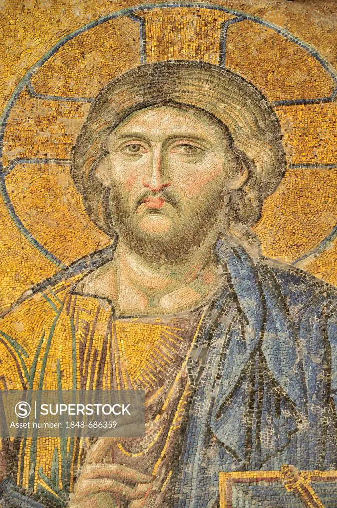 Deesis mosaic of Jesus Christ as Pantocrator or ruler of the world, 12th century, south gallery, Hagia Sophia, Istanbul, Turkey, Europe