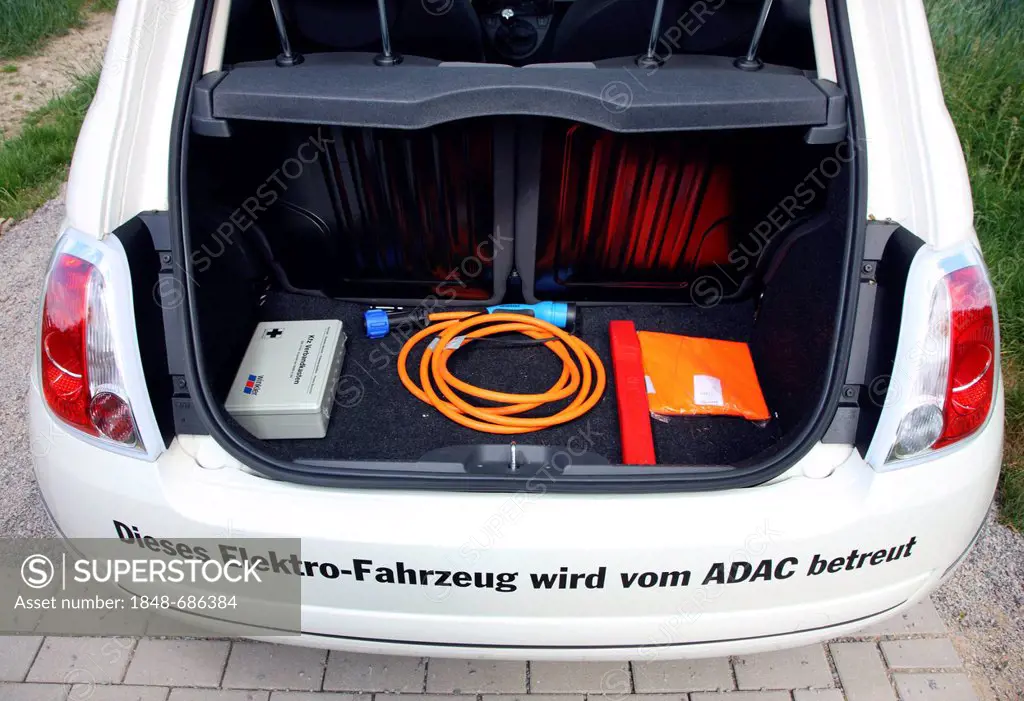 Charging cable in the trunk, electric car of the Emscher Lippe Energie GmbH, ELE, type Fiat 500, North Rhine-Westphalia, Germany, Europe