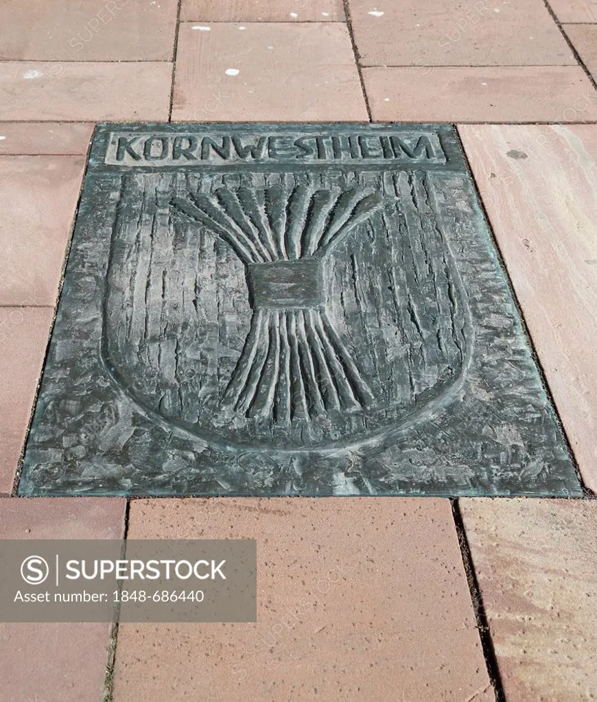 Coat of arms of Kornwestheim, plaque on the ground outside the town hall, Kornwestheim, Baden-Wuerttemberg, Germany, Europe