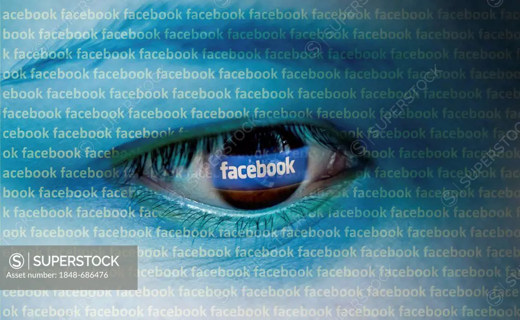 Eye looking at a computer with the Facebook logo, symbolic image