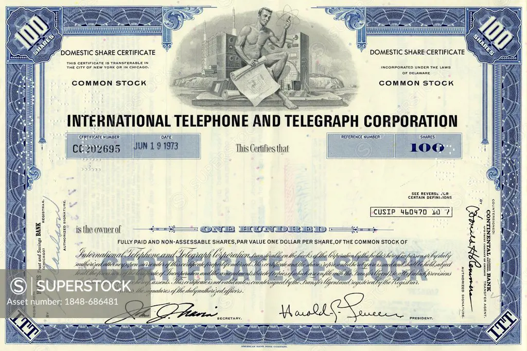 Historical share of International Telephone and Telegraph Corporation, Delaware, USA, 1973