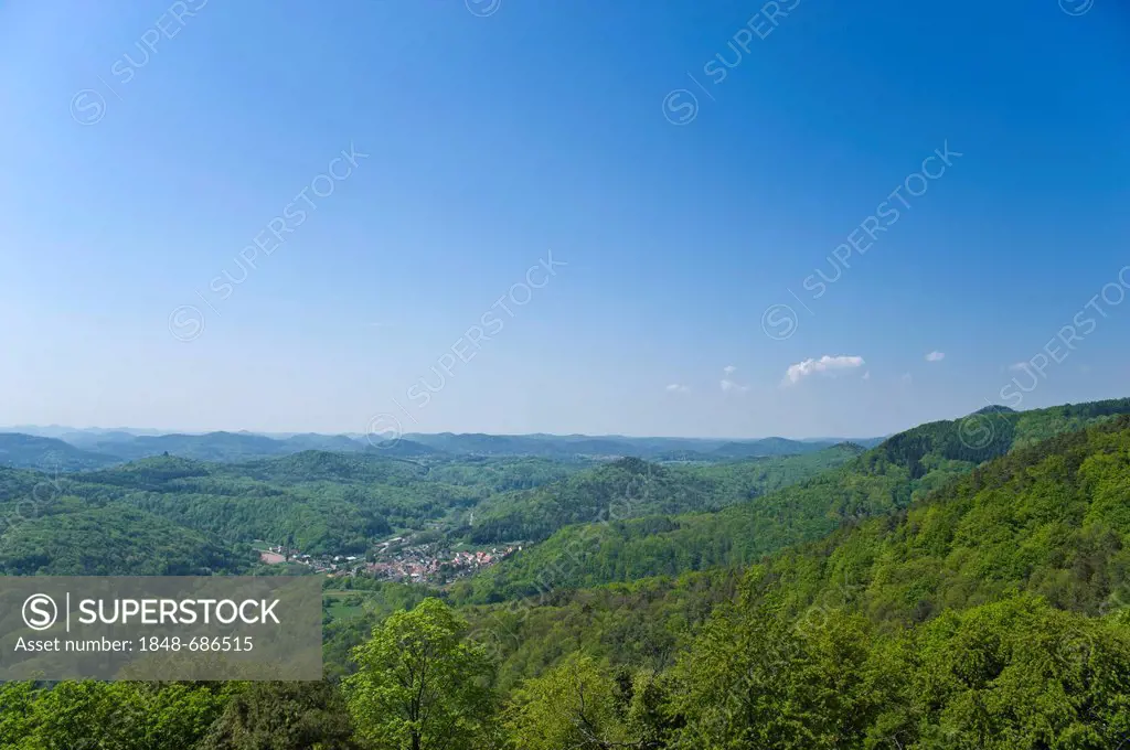 View of the Palatinate Forest from the Madenburg castle ruins, Eschbach, German Wine Route, Suedliche Weinstrasse district, Pfalz, Rhineland-Palatinat...