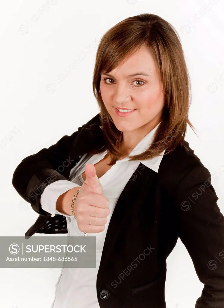 Young woman holding her thumb up