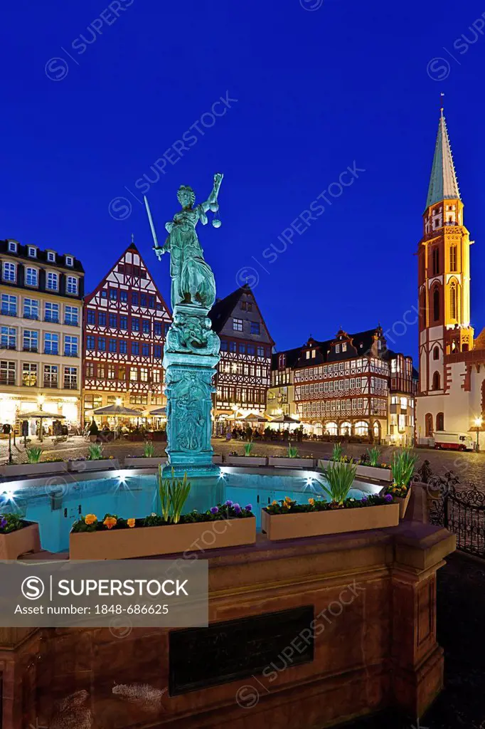 Roemerberg square with the Fountain of Justice or Justitia Fountain with a bronze statue of Justitia in front of St. Nicholas Church, Roemer, Frankfur...