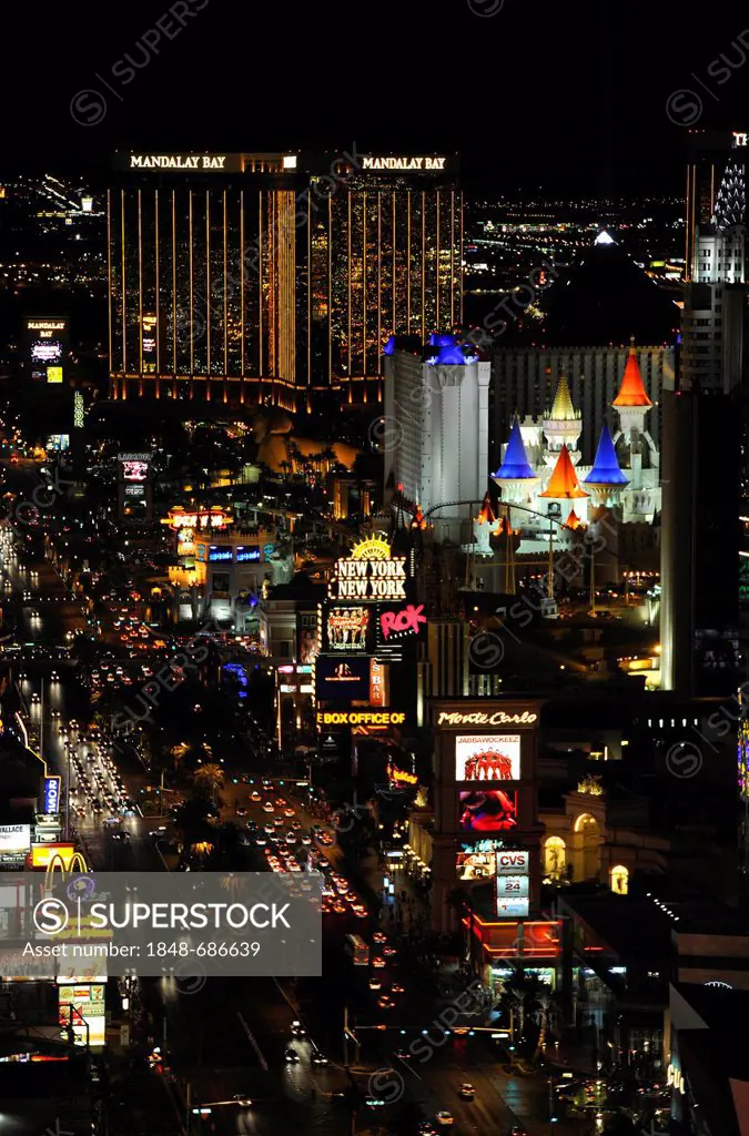Night shot, The Strip, New York, a luxury hotel, Mandalay Bay, Excalibur Hotel, Las Vegas, Nevada, USA