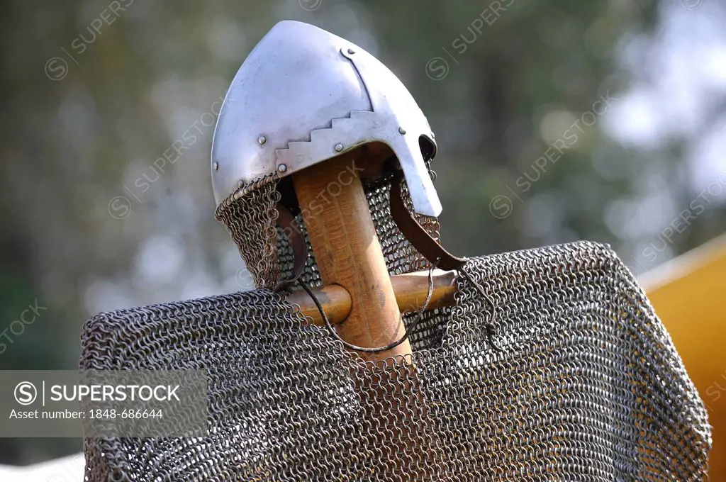Knight's helmet and chain mail, Spectaculum, Maxlrain, Bavaria, Germany, Europe
