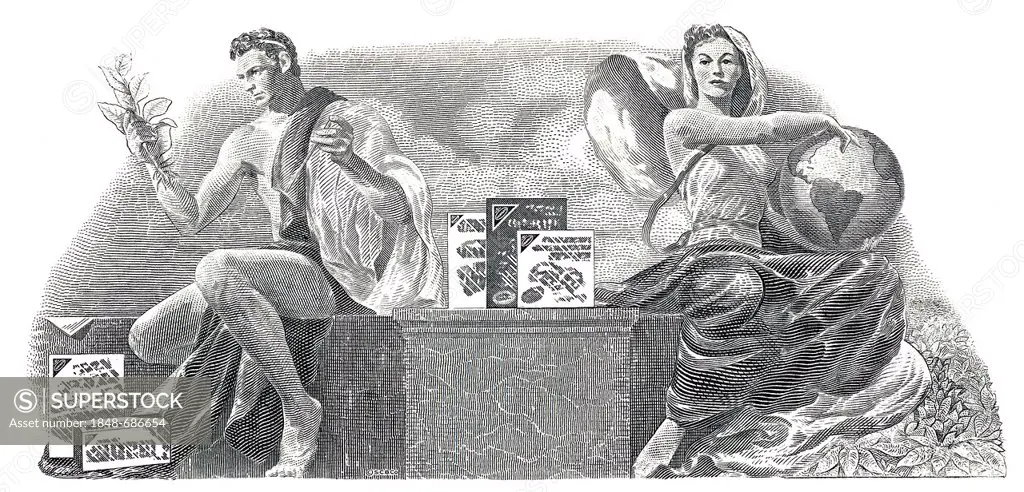 Historical stock certificate, detail of the vignette, allegorical representation of a man holding tobacco leaves and a woman with globe beside packets...