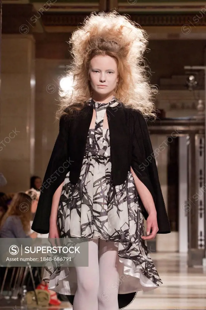 Female model on the catwalk at the London Fashion Week, collection by designer Jacob Kimmie, Vauxhall Fashion Scout, London, England, United Kingdom, ...