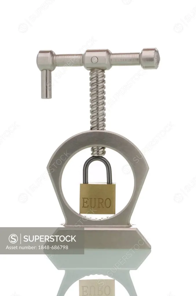 Lock marked EURO in vice, symbolic image for euro under pressure