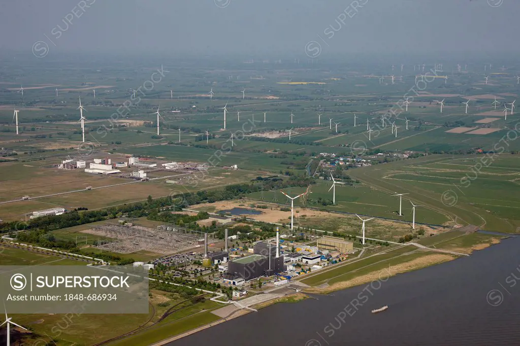 Aerial view, Brunsbuettel Nuclear Power Plant, Elbe, Dithmarschen, Schleswig-Holstein, Germany, Europe