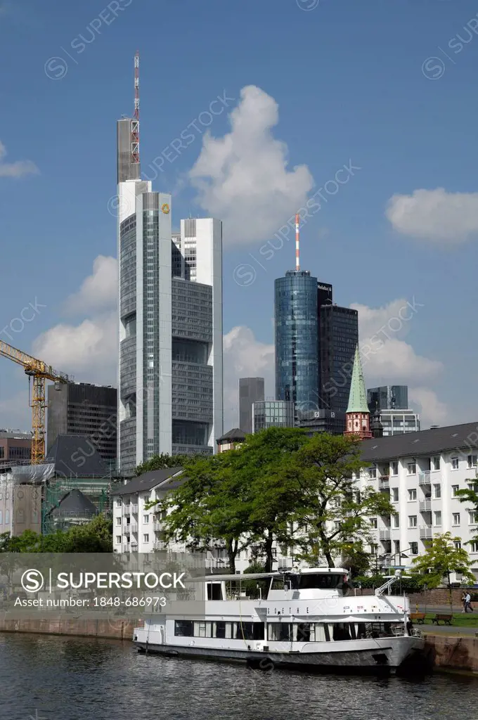 Commerzbank tower and Main Tower, Main river, Frankfurt am Main, Hesse, Germany, Europe
