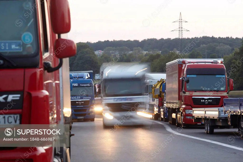 Trucks on the Montabaur-Heiligenroth motorway station on the A3 highway, Montabaur, Rhineland-Palatinate, Germany, Europe