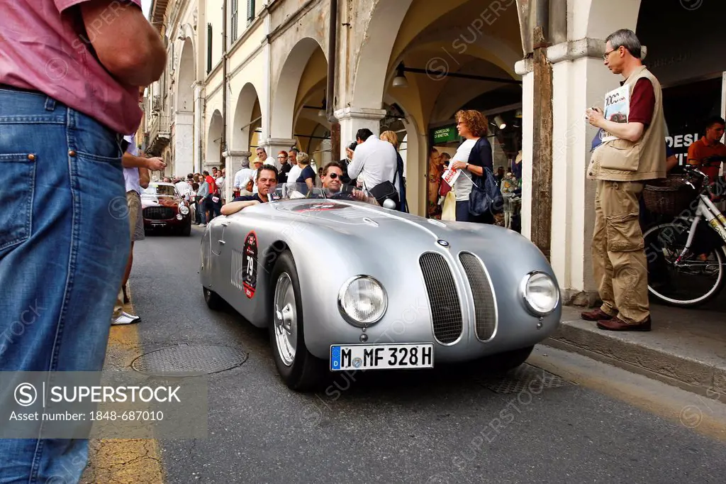 BMW 328 Touring Roadster, vintage car from the BMW Museum, built in 1937, Mille Miglia 2011, historic town centre of Brescia, Lombardy, Italy, Europe