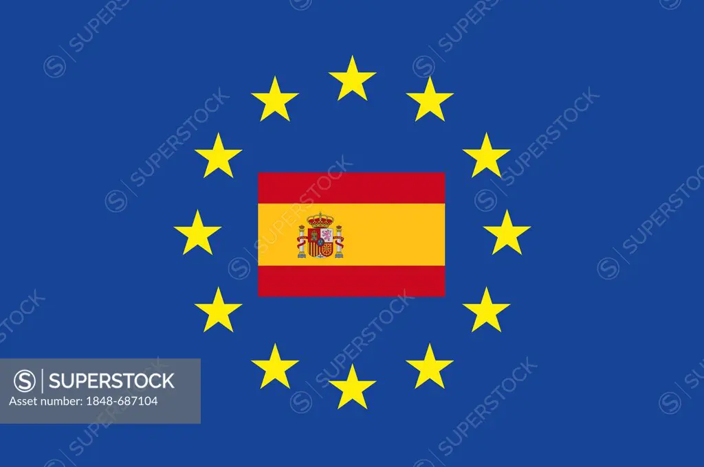 EU sign with the flag of Spain, the stars protecting the country, symbolic image for Europe