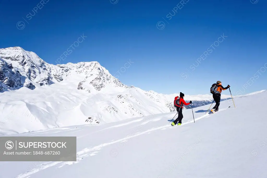 Cross-country skiers ascending Hintere Schoentaufspitze Mountain, Solda in winter, looking towards Ortler and Zebru mountains, Alto Adige, Italy, Euro...
