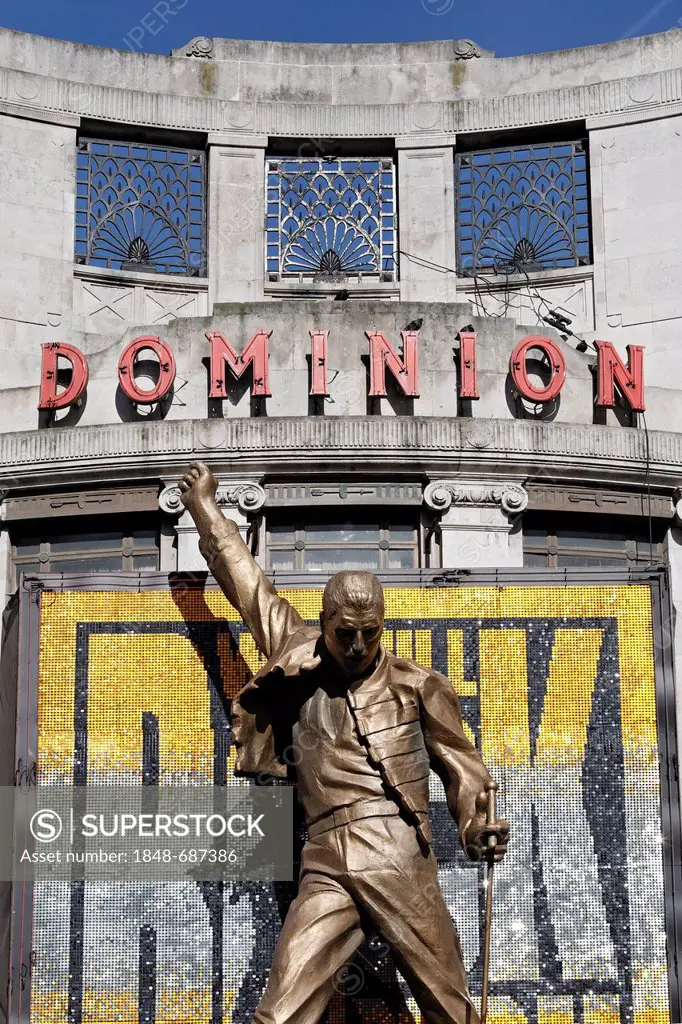 Freddie Mercury, monumental advertising figure in front of the Dominion Theatre for the musical We Will Rock You, London, England, United Kingdom, Eur...