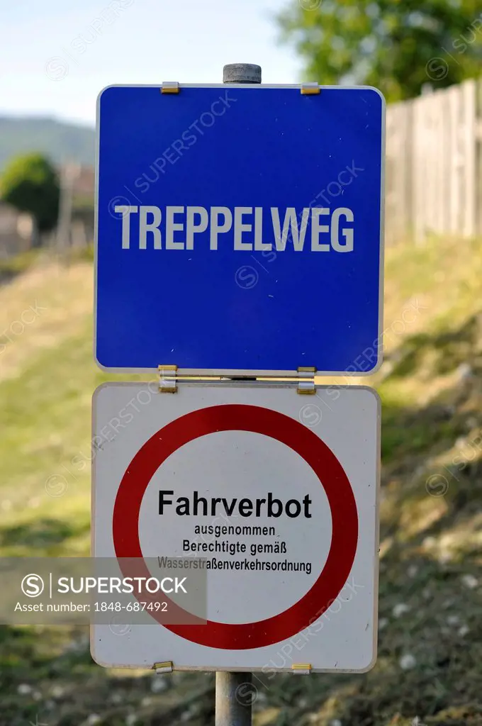 Sign Treppelweg, German for towpath, path along the Danube River, Duernstein, Wachau Cultural Landscape, a UNESCO World Heritage site, Lower Austria, ...