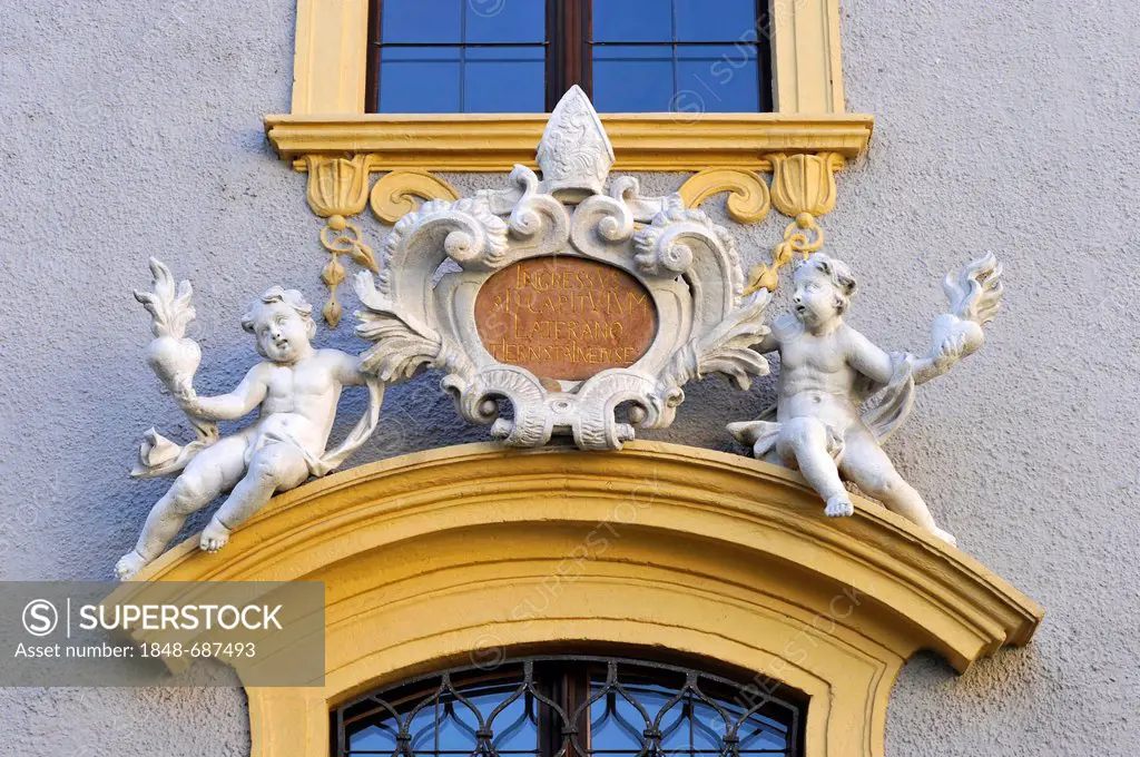 Baroque angels above the entrance portal, Duernstein Abbey, Wachau Cultural Landscape, a UNESCO World Heritage site, Lower Austria, Austria, Europe
