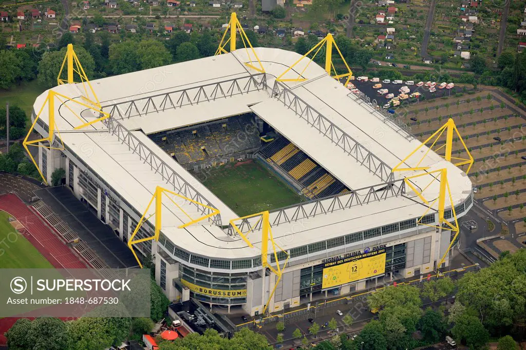 Aerial view, Signal Iduna Park during the championship celebration of the Borussia Dortmund, BVB, Dortmund, Ruhr area, North Rhine-Westphalia, Germany...