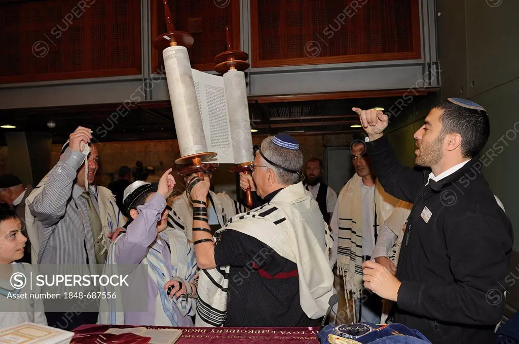 Bar Mitzvah, Jewish coming of age ritual, men holding up Torah scroll, Western Wall or Wailing Wall, Old City of Jerusalem, Arab Quarter, Israel, Midd...