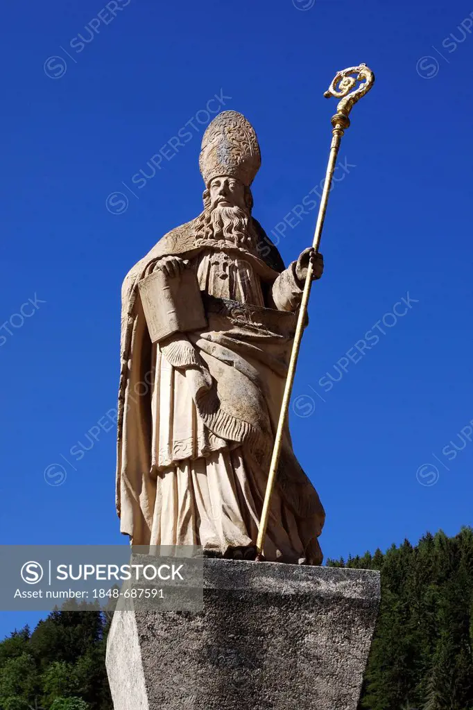 Fountain statue of Saint Blaise, namesake of the town and the cathedral Dom St. Blasien, St. Blasien, Black Forest, Baden-Wuerttemberg, Germany, Europ...