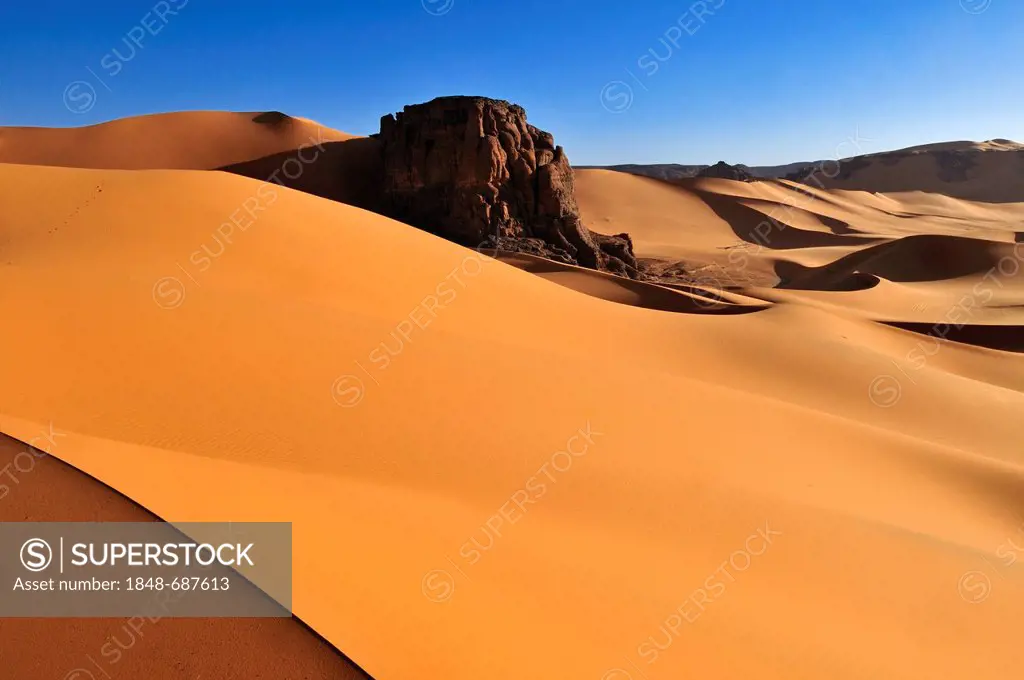 Sandstone rock formation in the dunes of Moul N'Aga, Tadrart, Tassili n'Ajjer National Park, Unesco World Heritage Site, Algeria, Sahara, North Africa