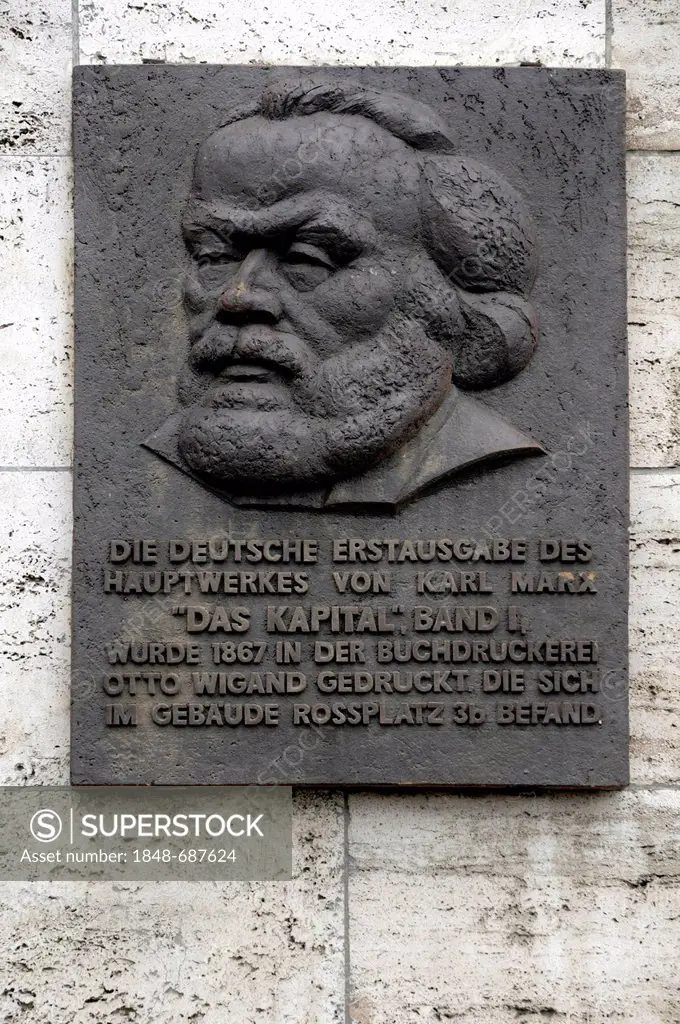 Plaque commemorating the first edition of The Capital, Volume I by Karl Marx, Rossplatz, Leipzig, Saxony, Germany, Europe
