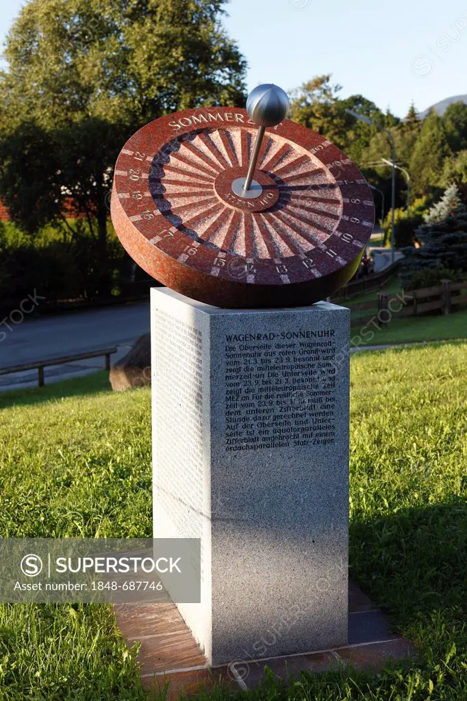 Cartwheel sundial by the mason Karl Kunert, Kleiner Kurpark, Bad Bayersoien, Pfaffenwinkel, Upper Bavaria, Bavaria, Germany, Europe